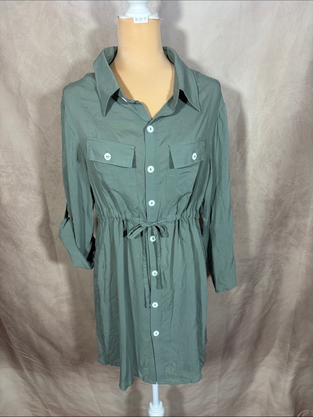 La Class Women's Olive Green Button-Front Shirt Dress with Drawstring Waist